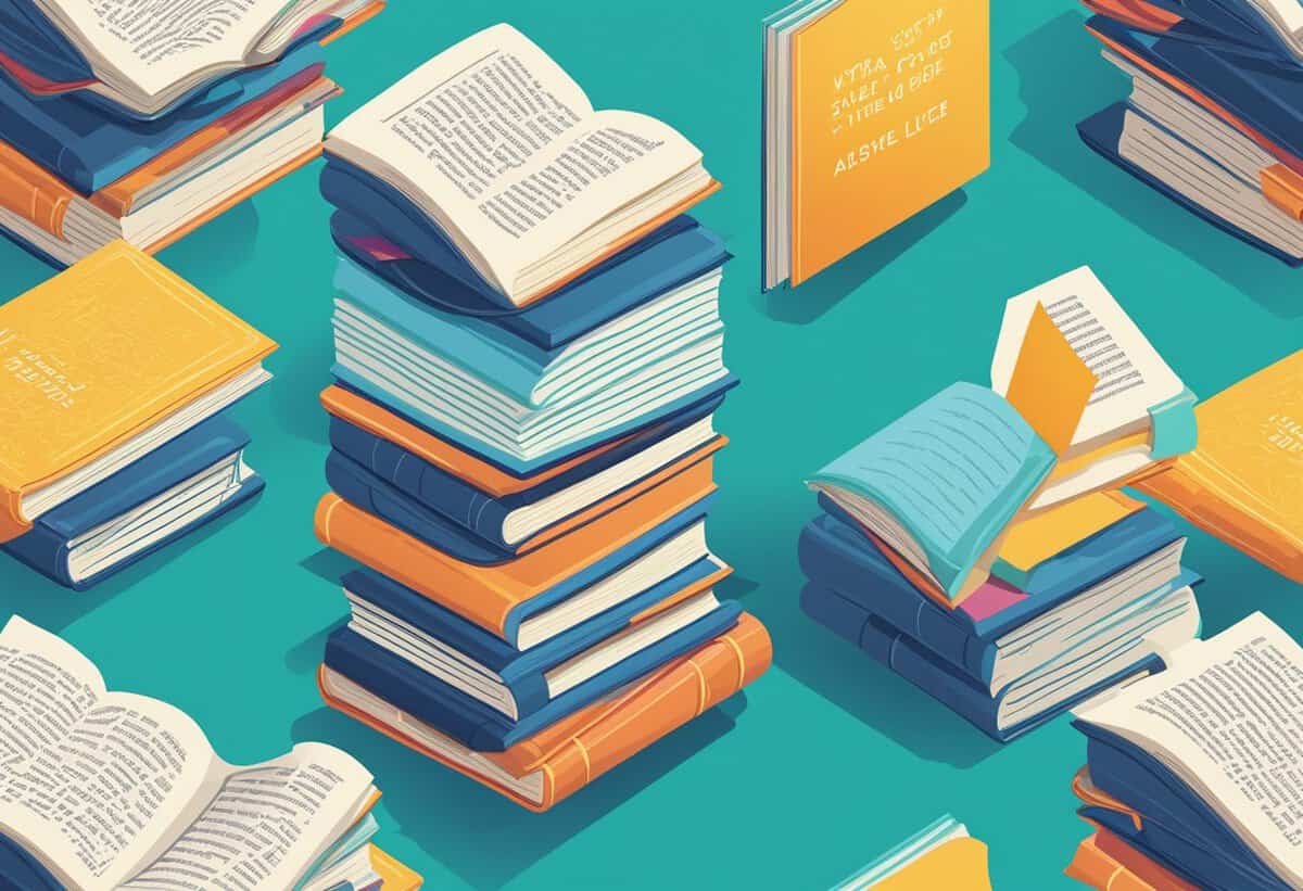 Piles of open and closed books arranged on a teal background.