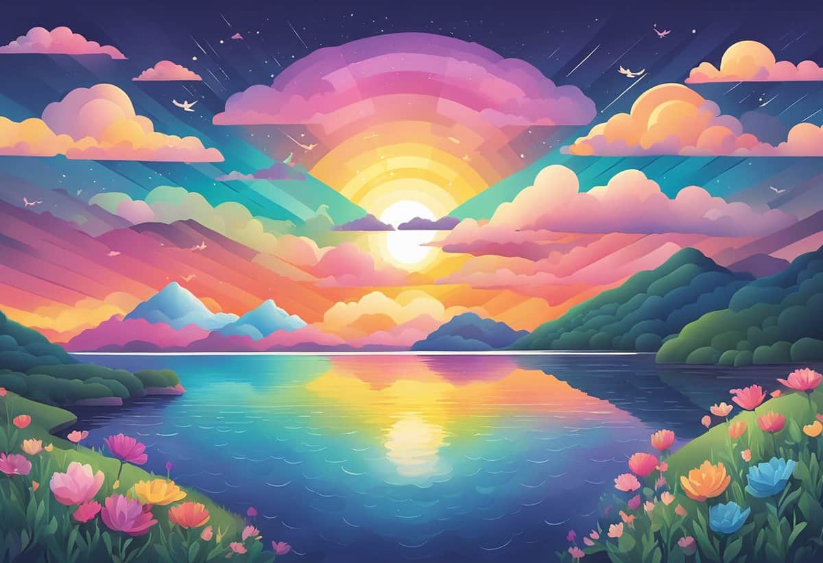 Colorful illustration of a sunset over a serene mountain lake with blooming flowers in the foreground.