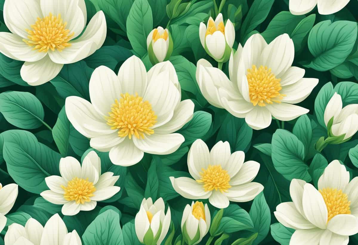 A pattern of illustrated white flowers with yellow centers and green leaves.