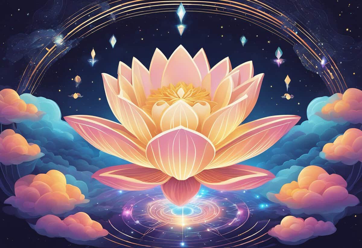 A vibrant digital artwork featuring an oversized lotus flower with a cosmic background, including stars and swirling galaxy patterns.