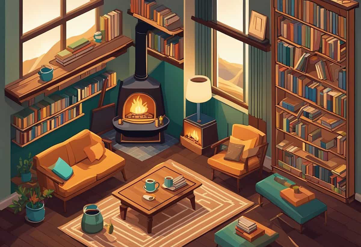 Cozy reading nook with a fireplace and bookshelves in a warmly lit cabin.