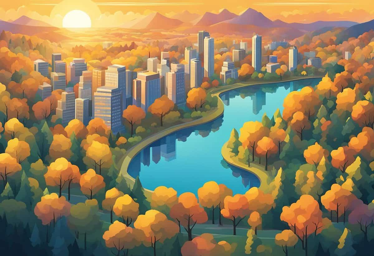 A stylized illustration of a modern cityscape with skyscrapers surrounded by a river and vividly colored autumn foliage during sunset.