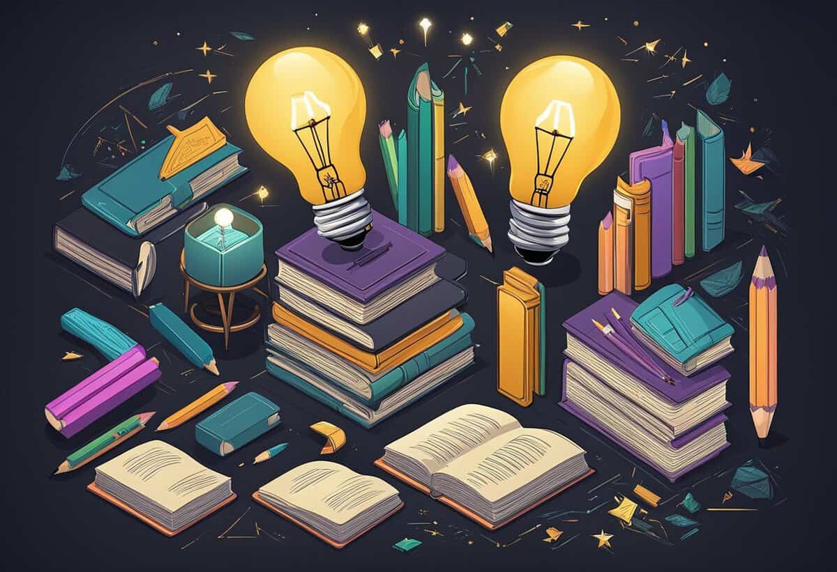 An illustration of books, lightbulbs, and pencils, symbolizing creativity, ideas, and learning.