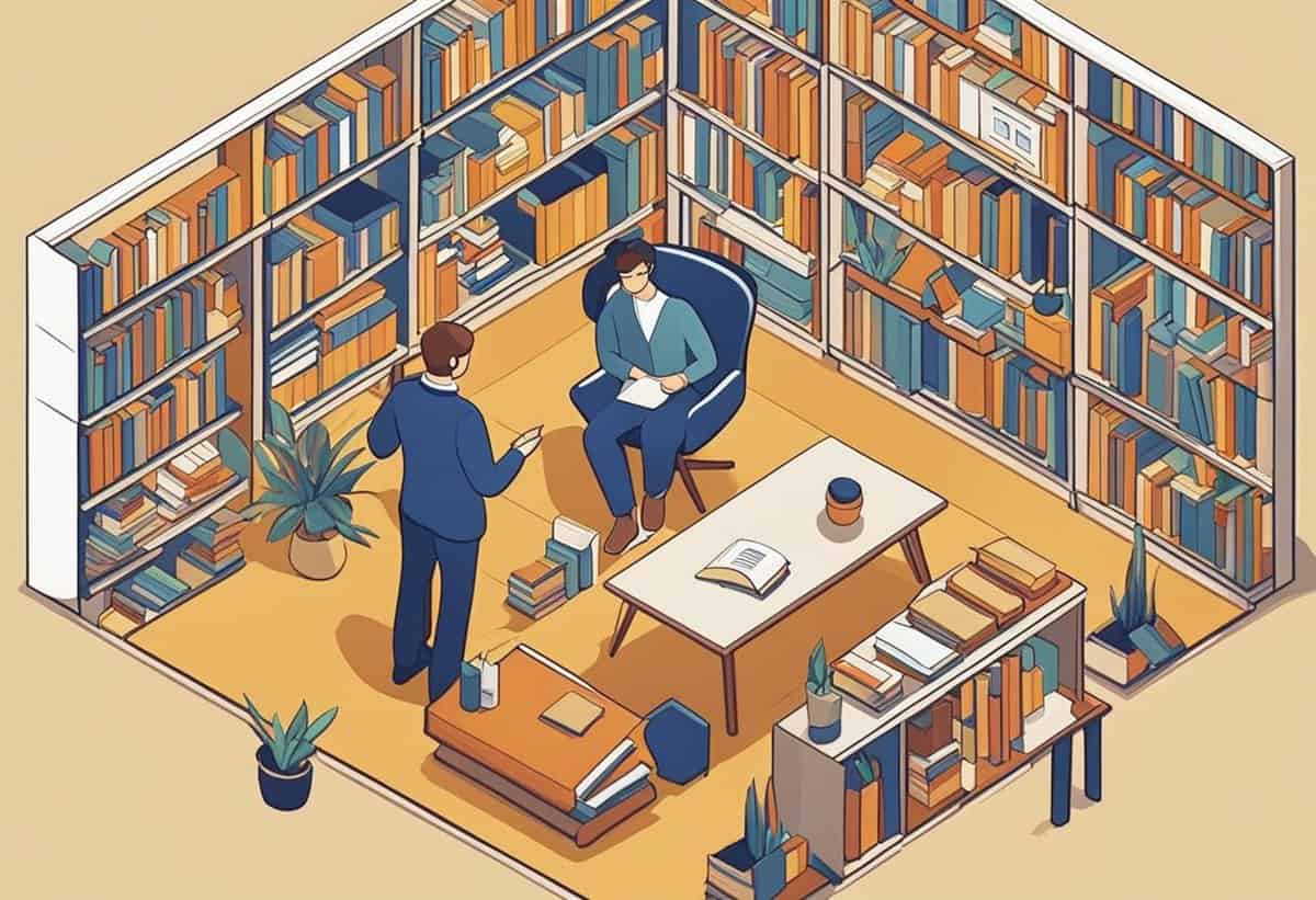 Two individuals engaged in conversation in a well-stocked, isometric home library.