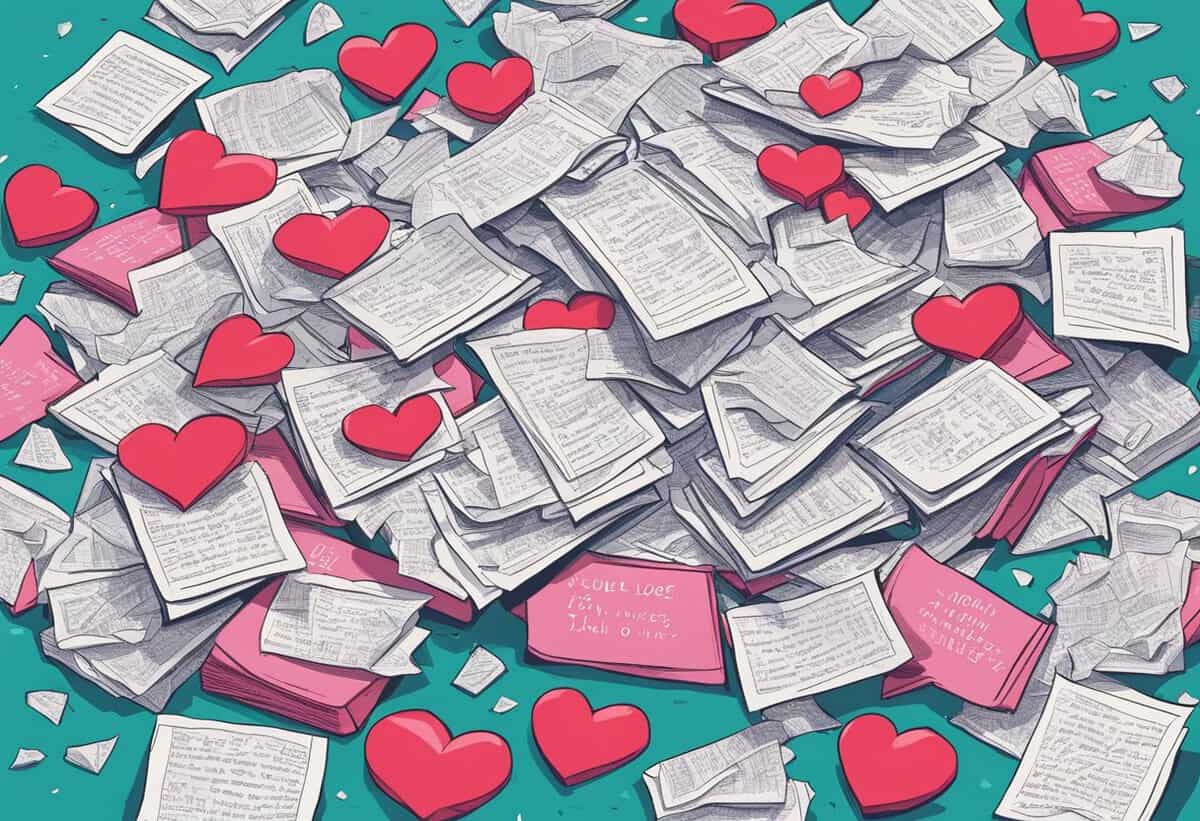 A pile of scattered papers and books with pink hearts on a teal background.