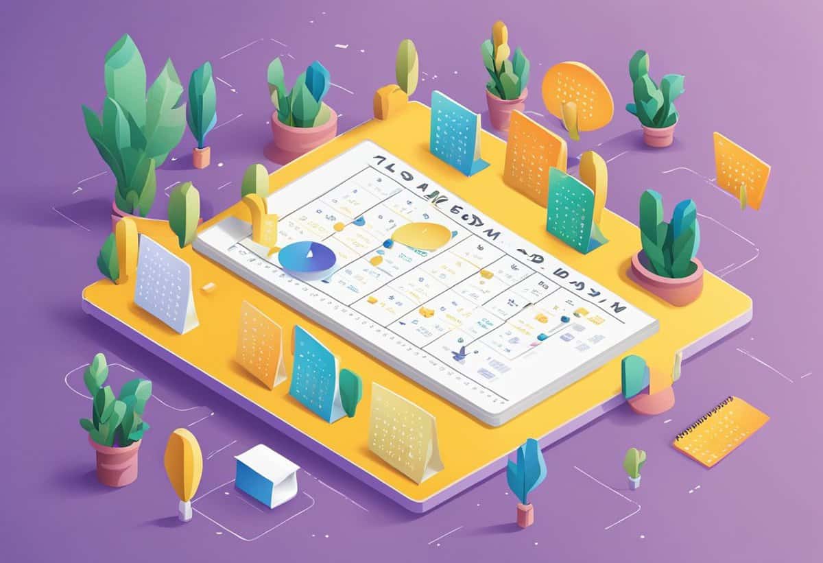 Isometric illustration of a stylized digital calendar surrounded by abstract office elements and plants.