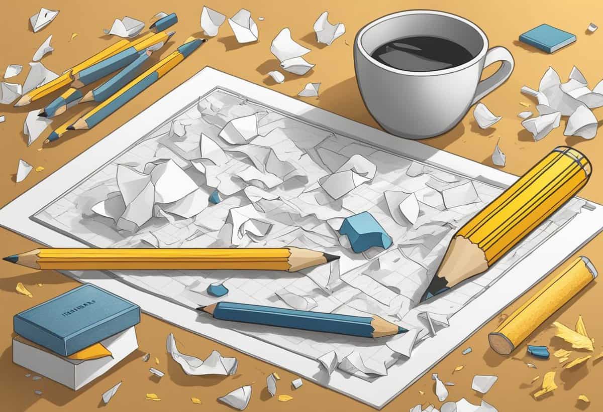 An artistic illustration of a 3d drawing of crumpled paper surrounded by pencils, an eraser, pencil shavings, and a coffee cup on a desk.