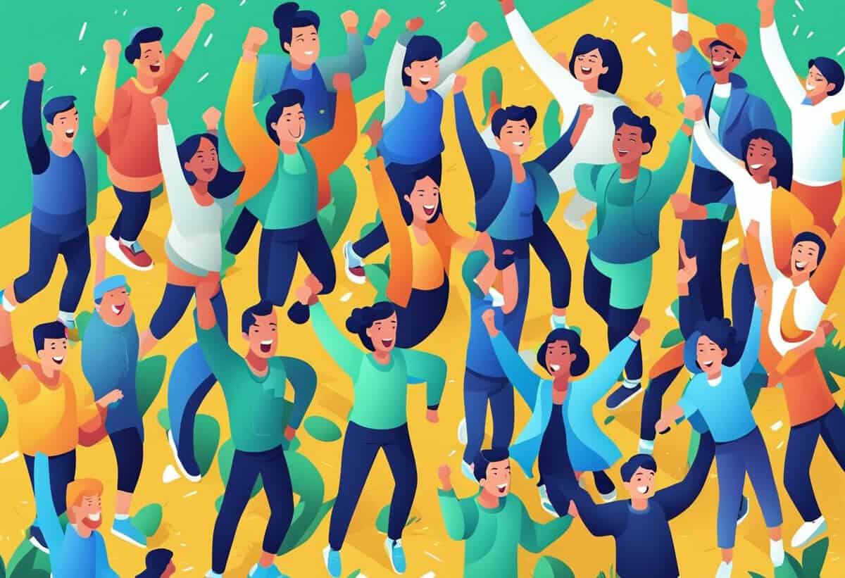 A colorful illustration of a diverse group of animated people celebrating with excitement and joy.