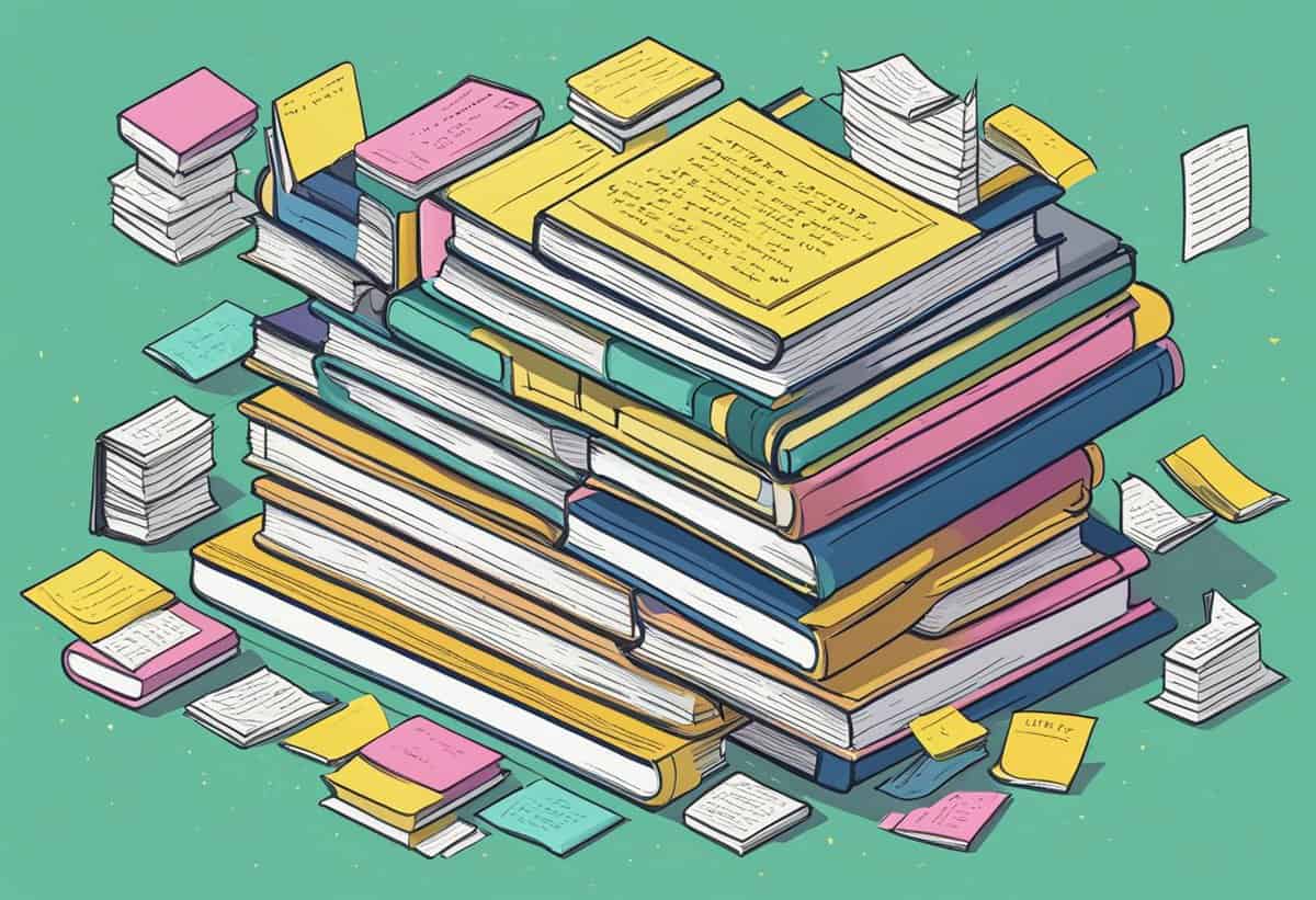 Piles of colorful books with scattered notes on a turquoise background.