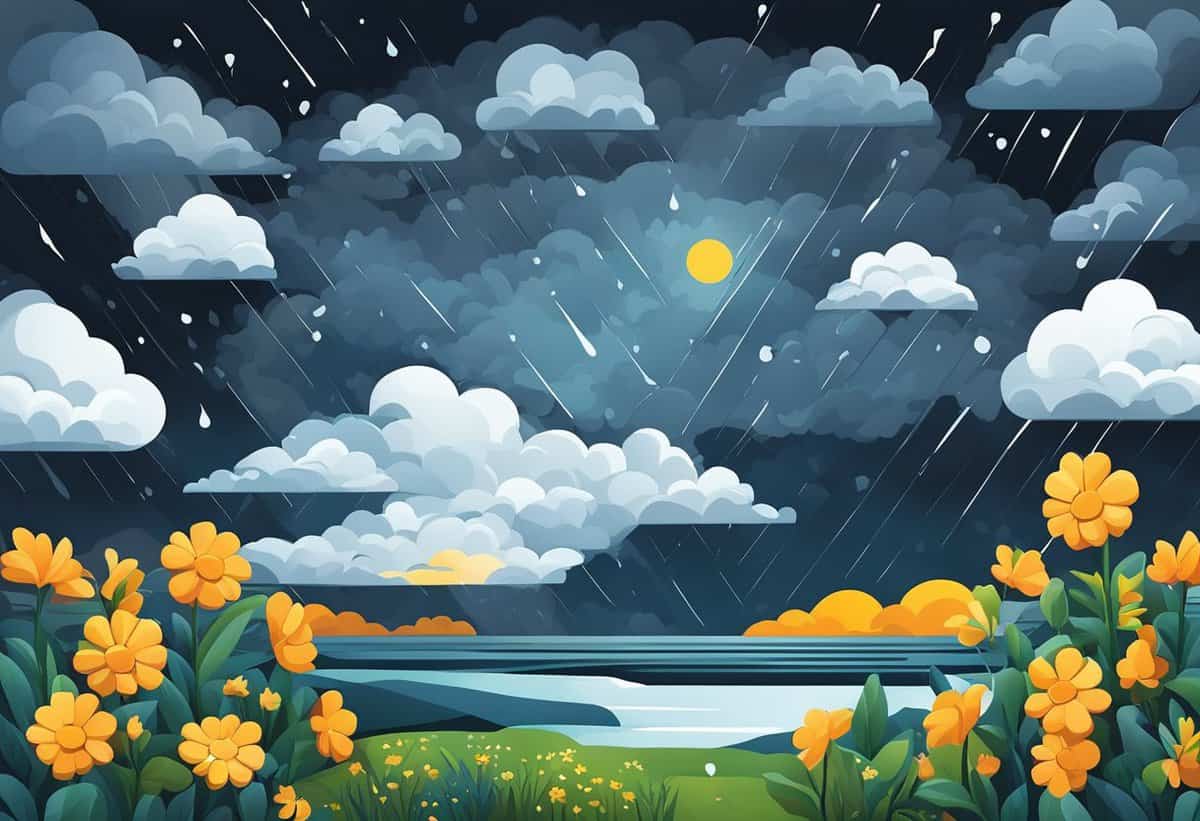 A stylized illustration of a rainy day with flowers in the foreground and a glimpse of the sun through the clouds.