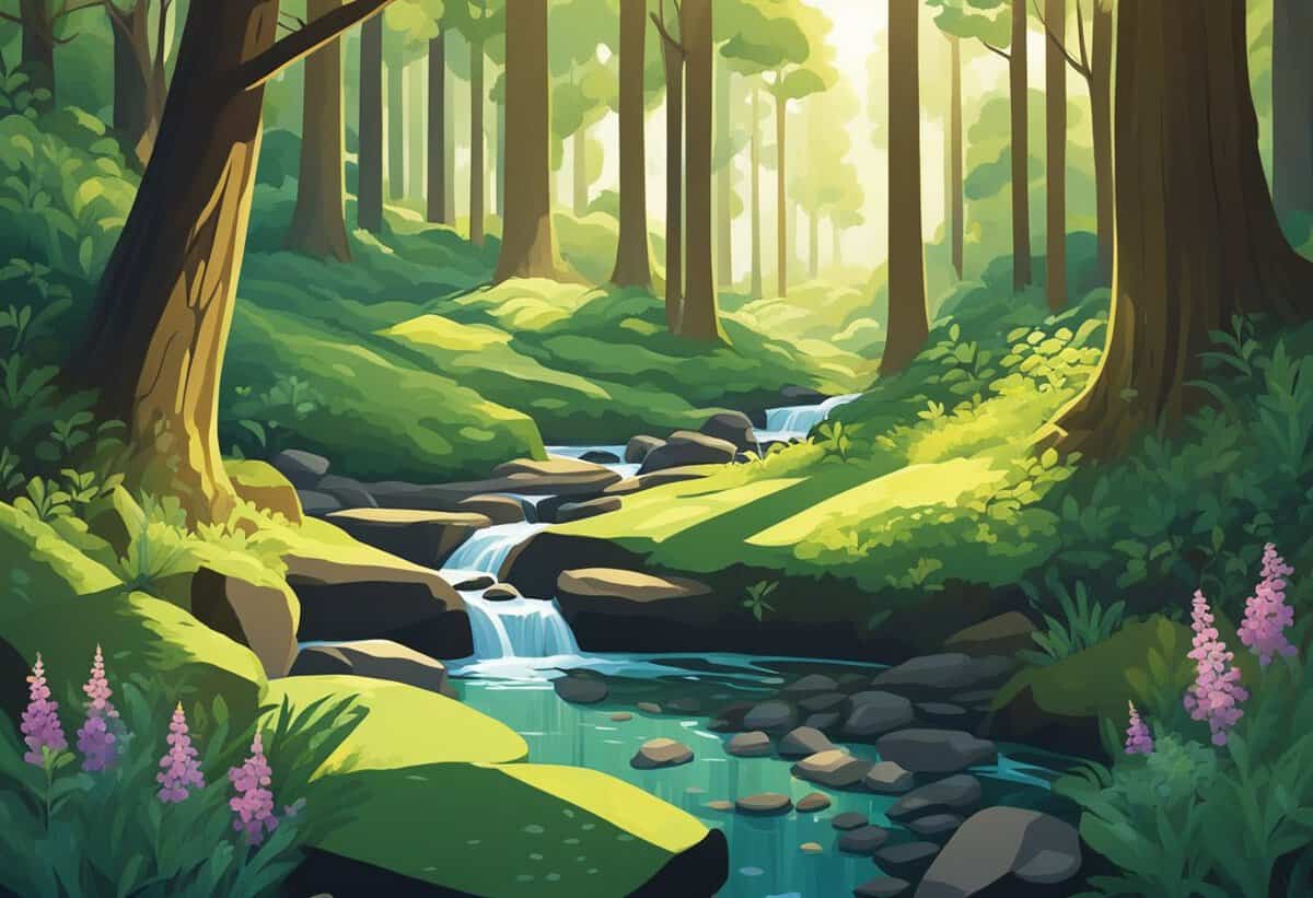 A serene forest landscape with a stream, sunlight filtering through the trees, and colorful flowers.