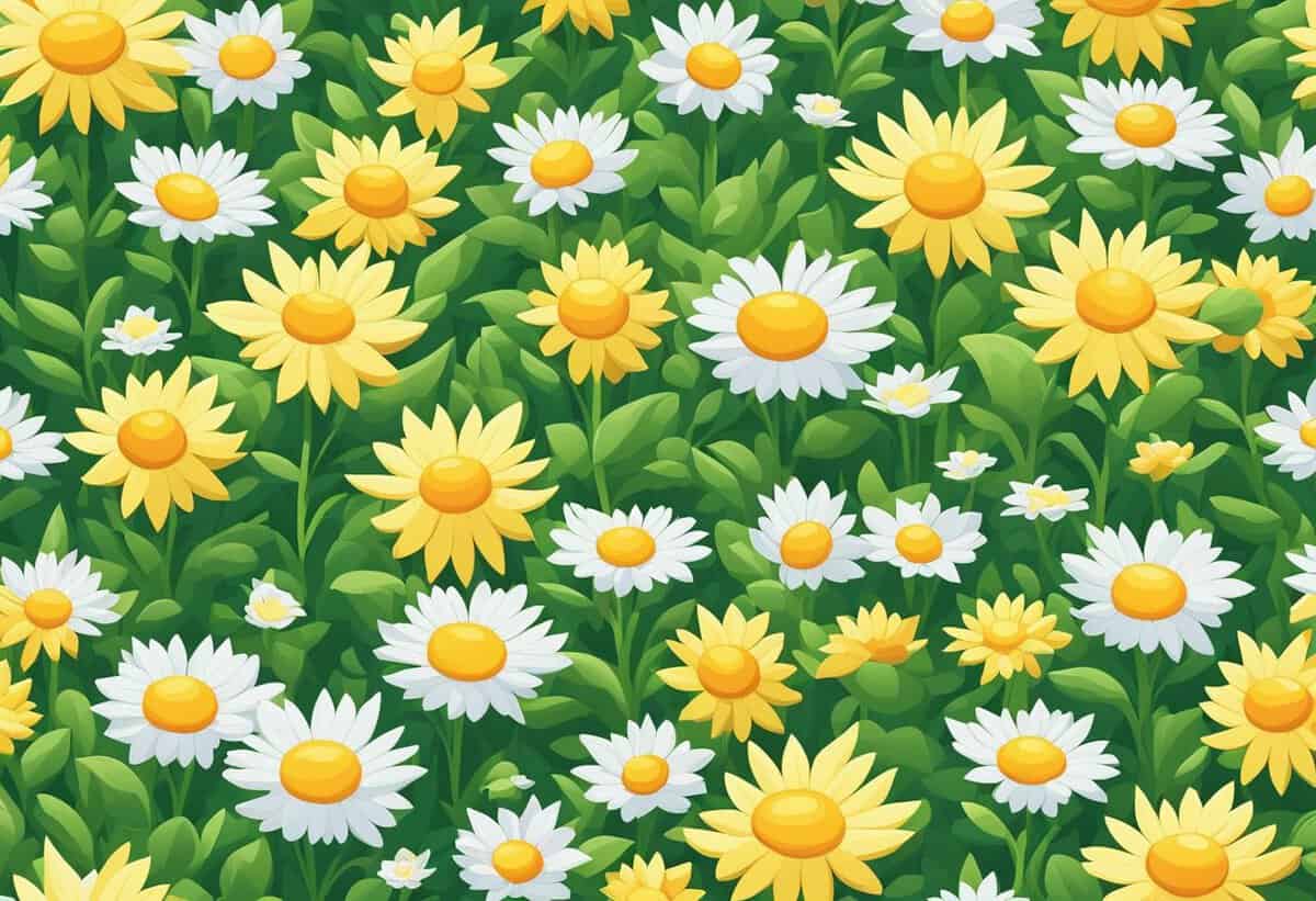 A seamless pattern of illustrated daisies and sunflowers with green leaves.
