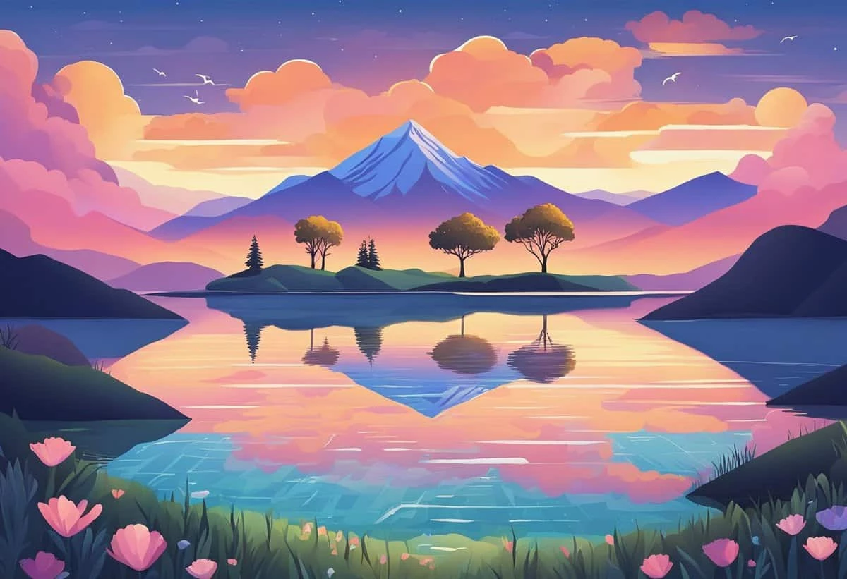 Serene mountain lake at sunset with vivid colors and reflections.