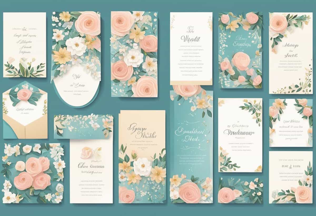 A collection of floral wedding stationery designs, including invitations, menu cards, and rsvp slips.