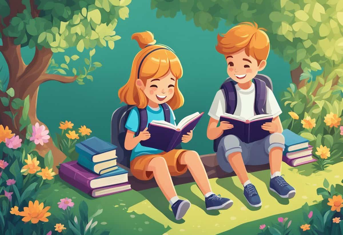 Two children happily reading books outdoors surrounded by nature.