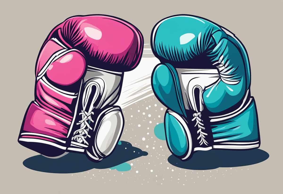 Two colorful boxing gloves, one pink and one turquoise, facing each other as if ready for a match.