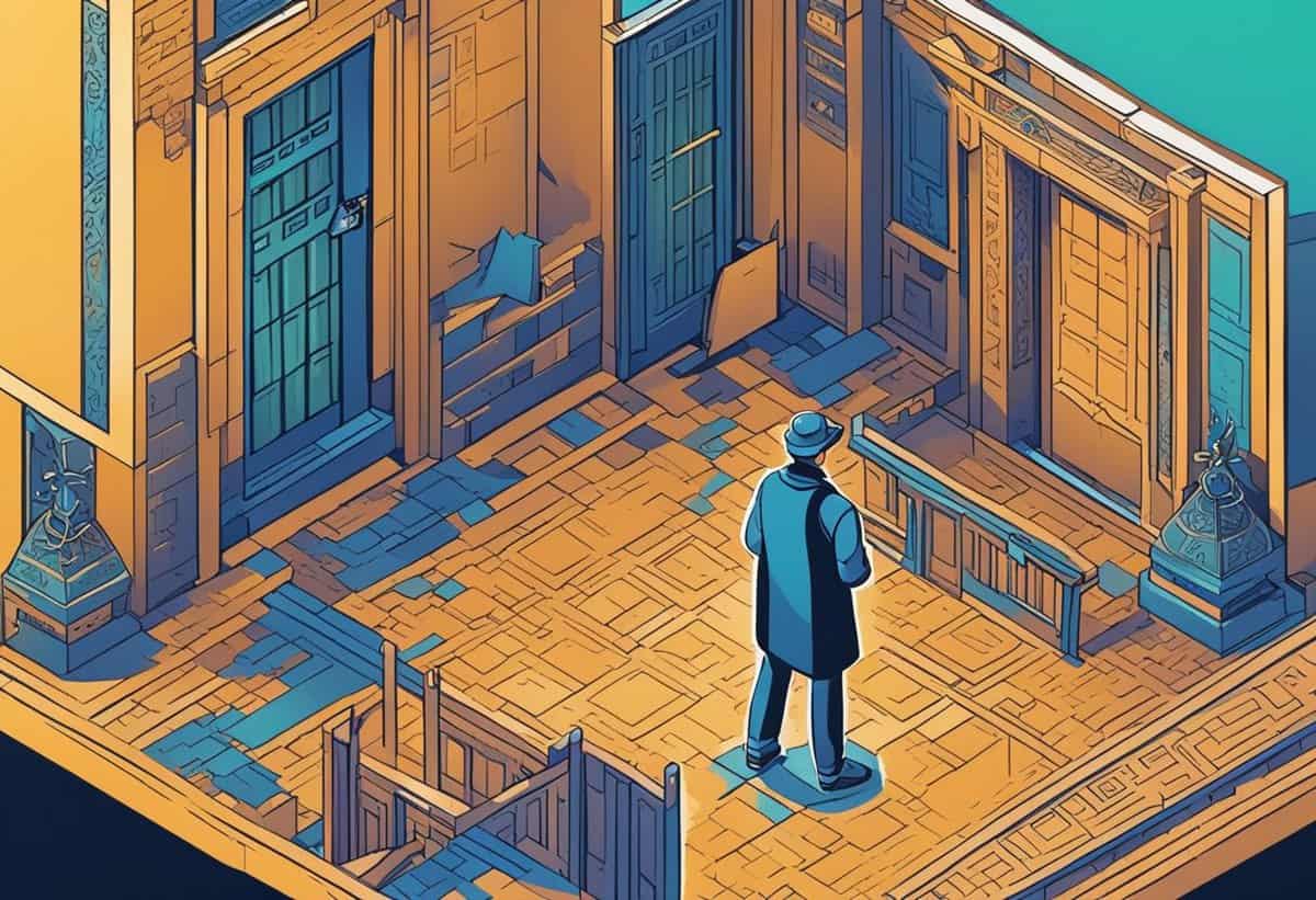 Person standing at the entrance of an isometric, stylized building.