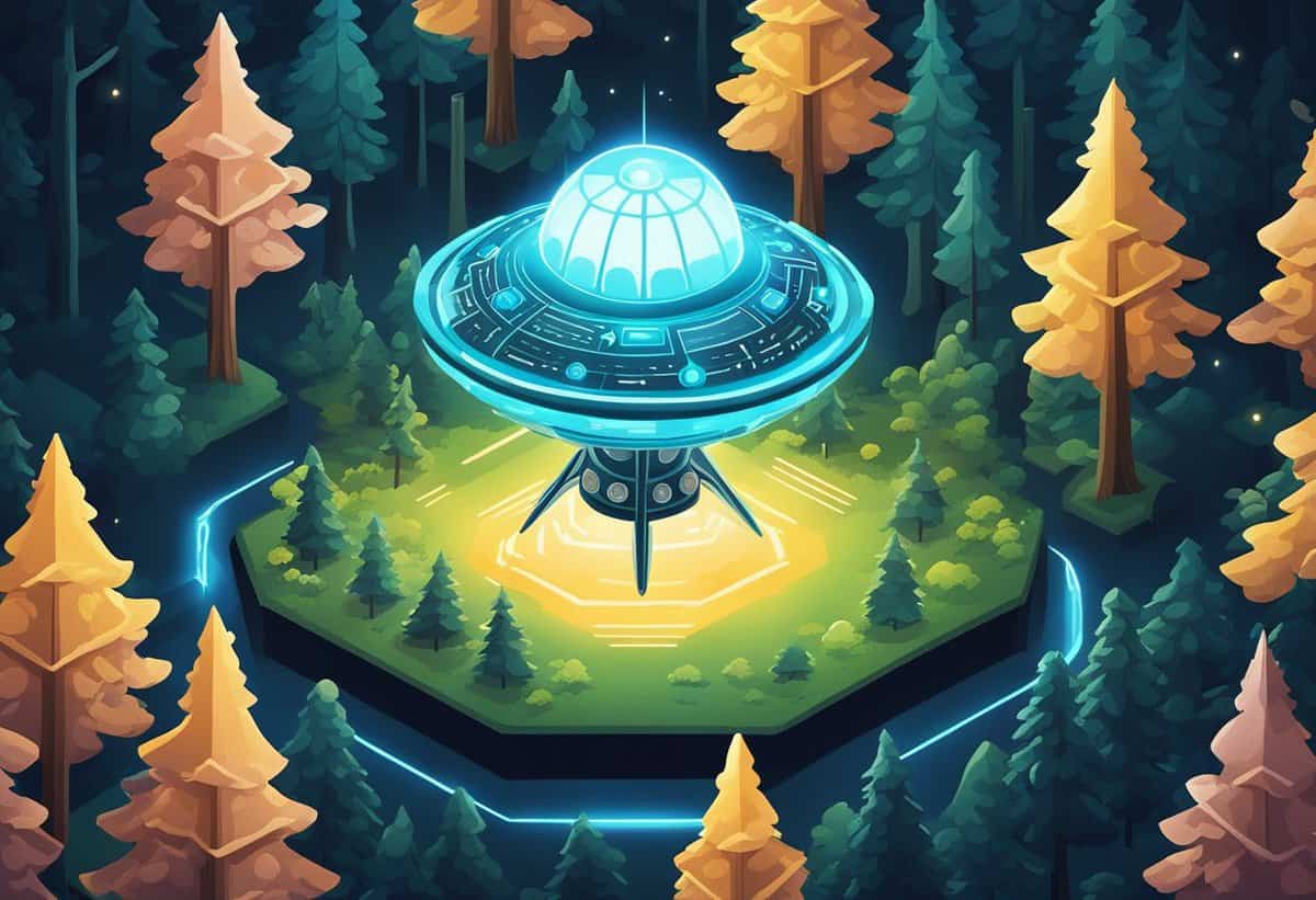 A stylized illustration of a ufo landing in a forest clearing at night.