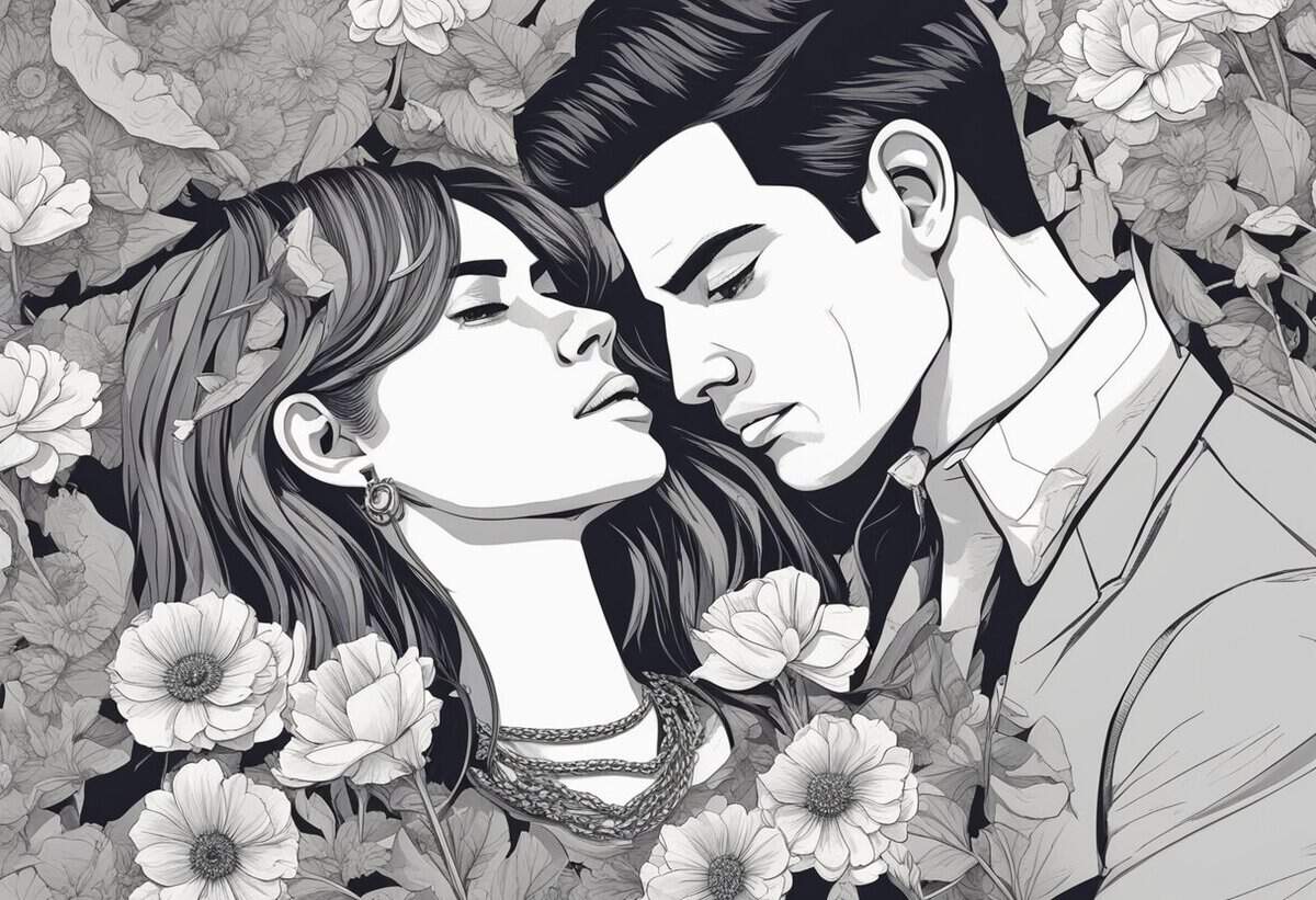 Illustration of a couple in a romantic embrace surrounded by floral patterns.