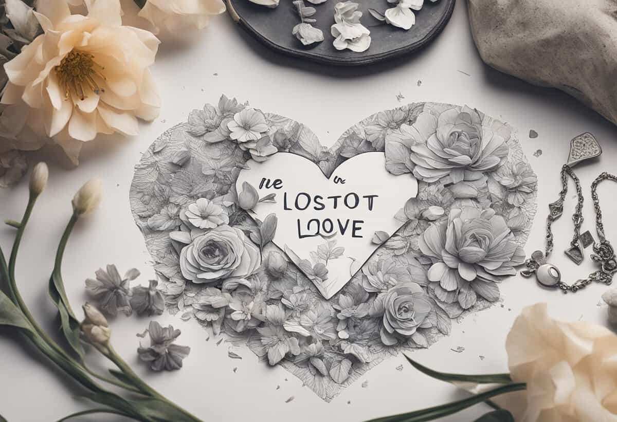 Heart-shaped floral arrangement with the phrase "we lost to love" amidst a scattered display of jewelry and a blooming flower.