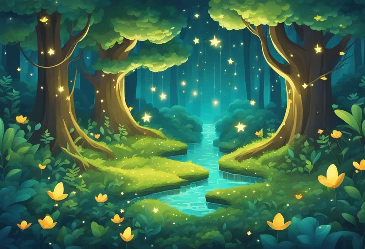 Enchanted forest scene with luminous flowers and trees under a starlight glow.