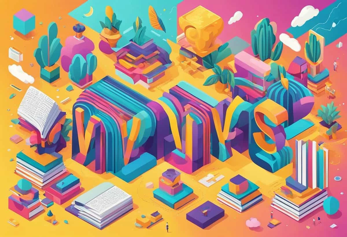 Colorful and abstract illustration of a whimsical landscape with oversized books and geometric shapes.