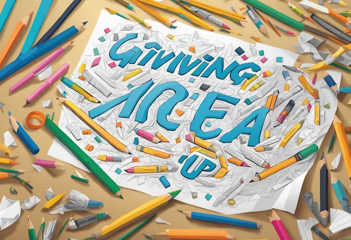 3d typography of "giving ideas up" surrounded by scattered colored pencils and stationery on a beige background.
