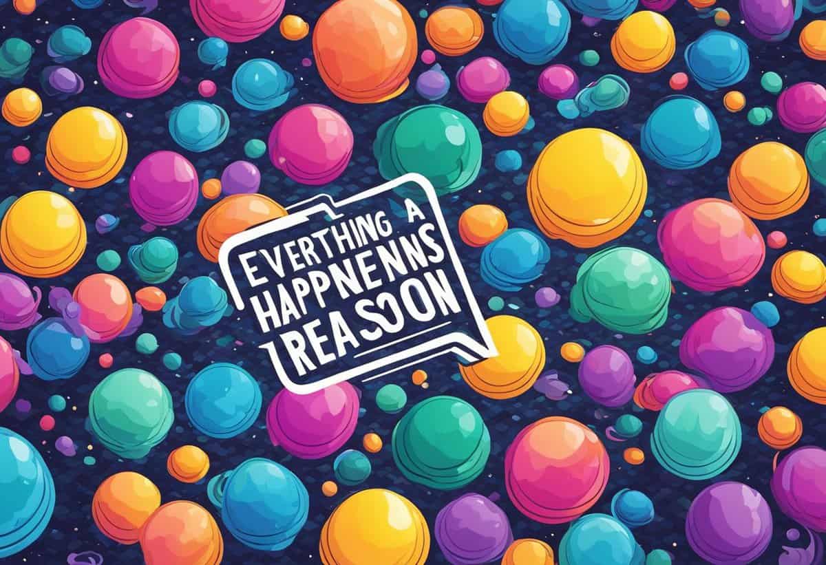 Illustration of colorful balloons with a speech bubble saying "everything happens for a reason".