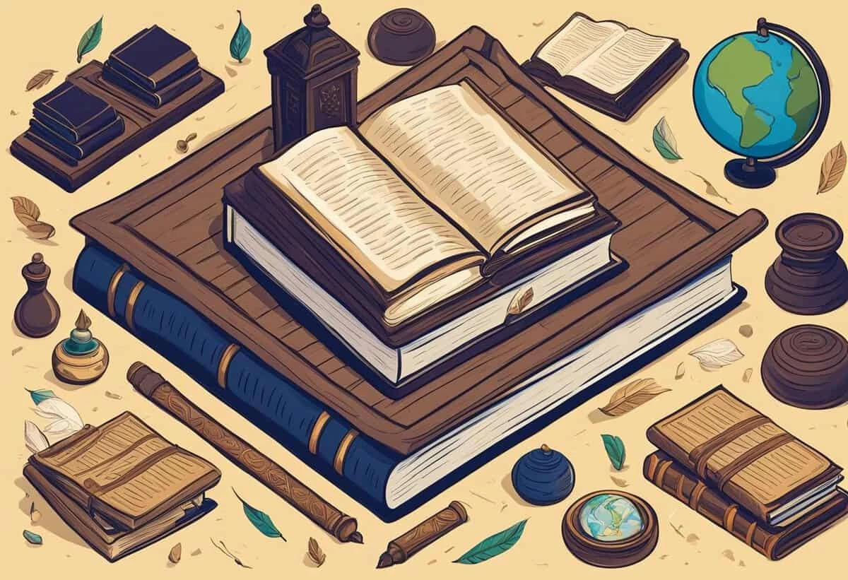An illustrated still life featuring an open book at the center, surrounded by closed books, inkwells, quill pens, and a globe on a wooden surface.