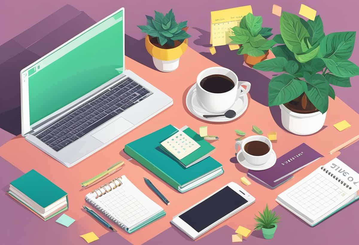 A stylized illustration of a modern workspace with a laptop, smartphone, notebooks, a cup of coffee, and plants on a desk.
