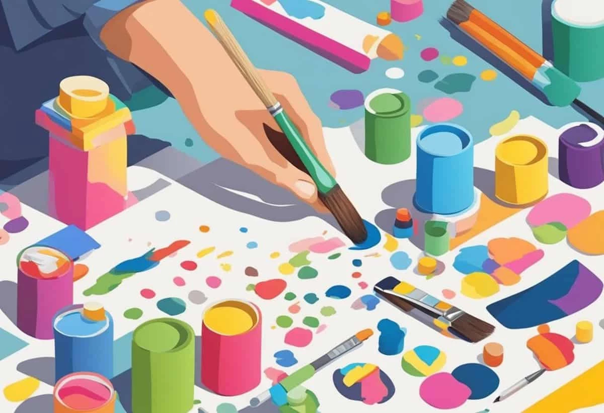 A person's hand using a paintbrush among an array of colorful art supplies.
