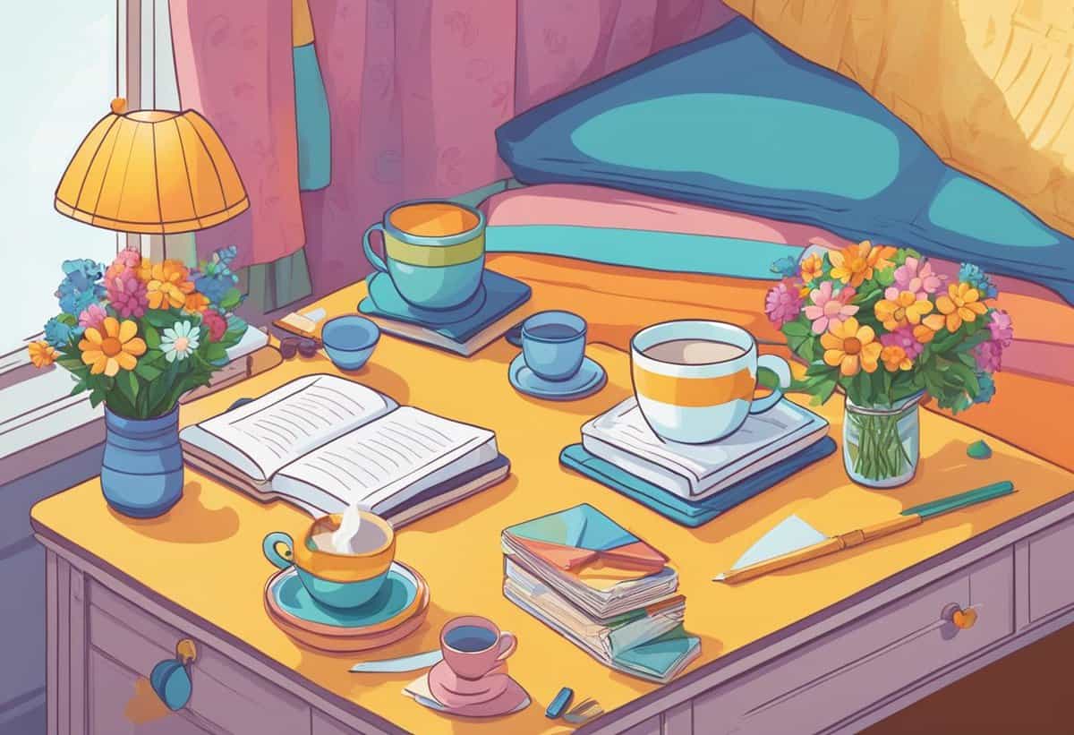 A cozy reading nook with an open book, cups of tea, and fresh flowers on a sunny afternoon.