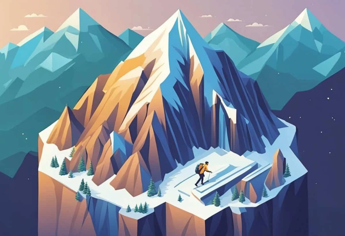 A hiker ascending a stylized, geometric mountain with snow-covered peaks and evergreen trees.