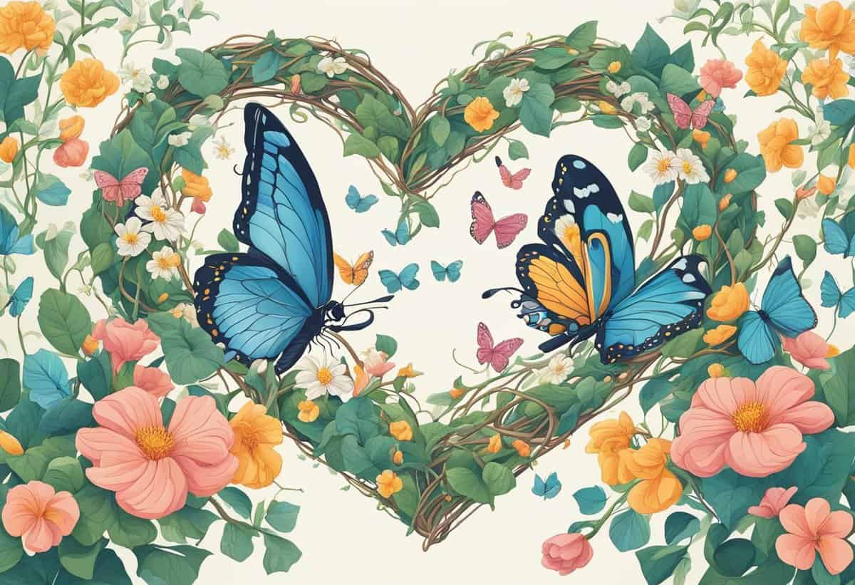 Floral heart wreath with butterflies on a pastel background.