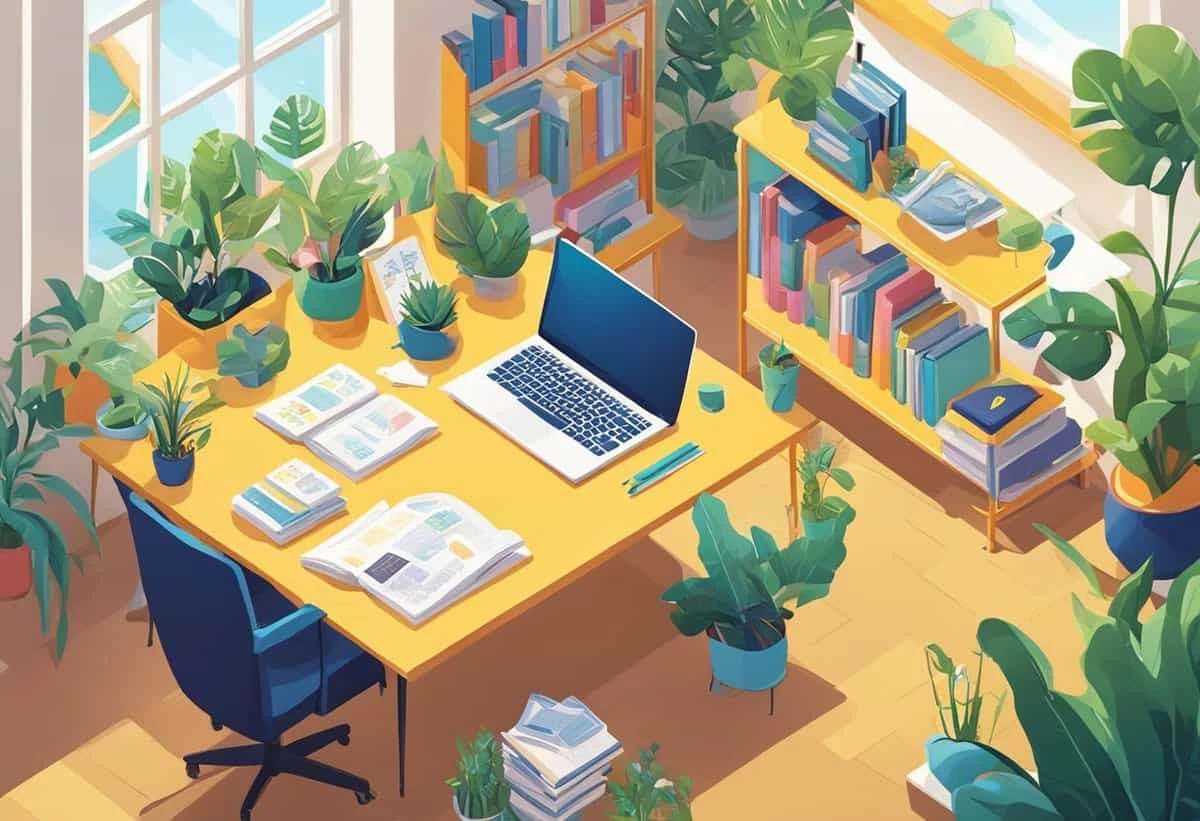 Bright, organized home office with a laptop on a desk, surrounded by books and many potted plants, bathed in natural light from large windows.