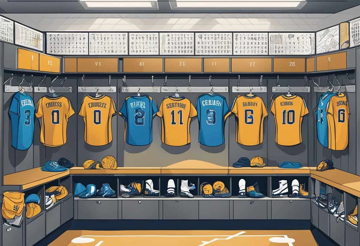 Illustration of a tidy basketball locker room with jerseys, shoes, and equipment organized in individual lockers.