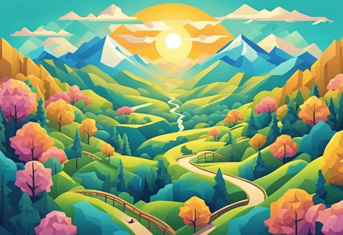 Colorful stylized landscape featuring rolling hills, a winding river, and mountains under a sunrise with various trees in vibrant hues.