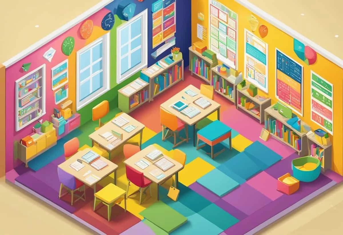 Colorful isometric illustration of a classroom with desks, chairs, a bookshelf, and educational posters on the walls.