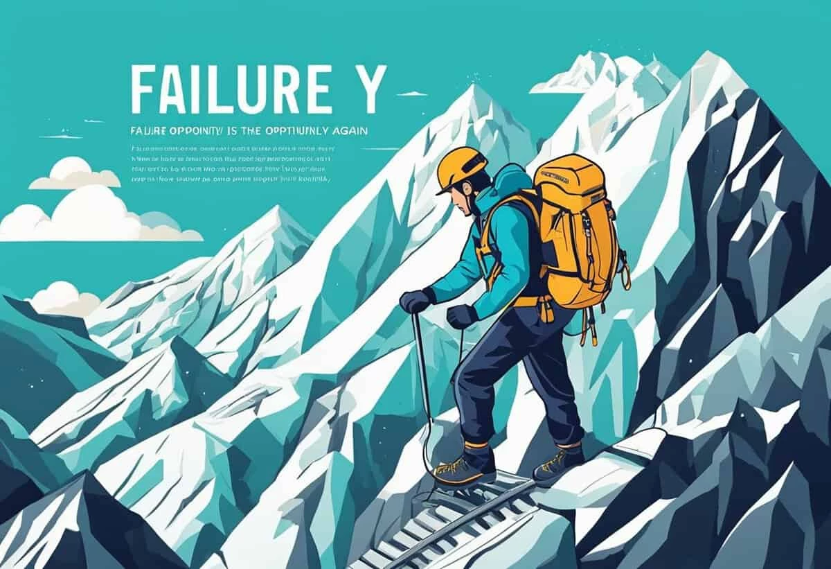 Illustration of a hiker with a backpack traversing a stylized mountain range, with the text "failure y" and a motivational quote about failure and opportunity.