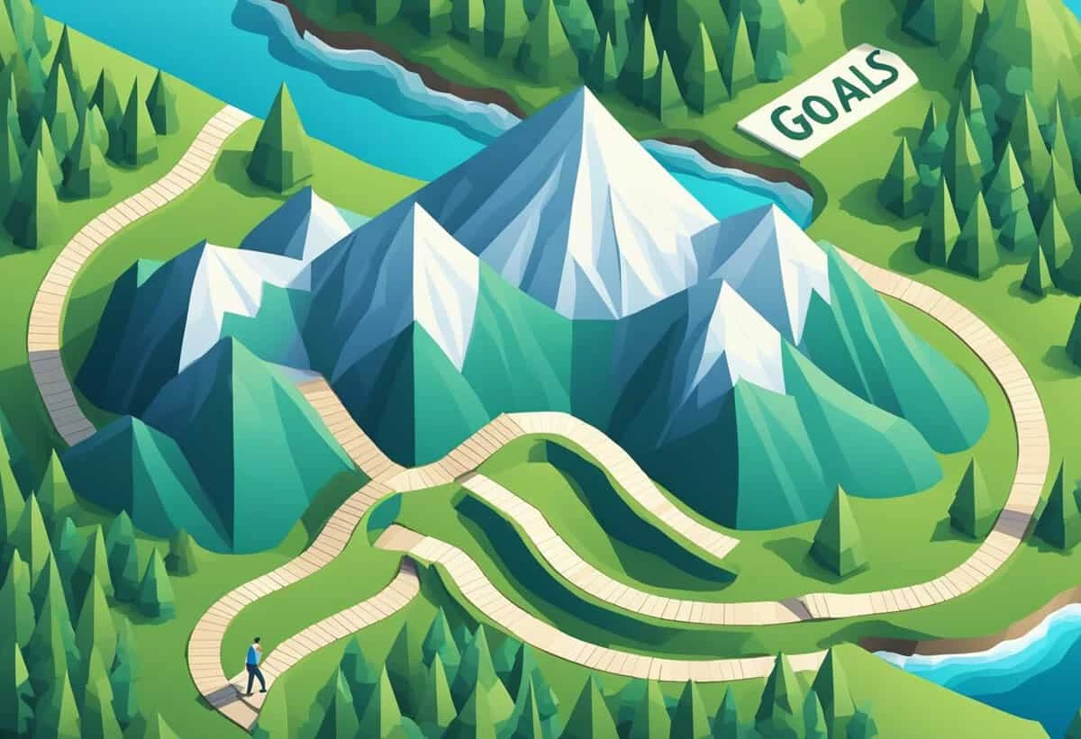 Illustration of a person walking on a winding path towards a mountain labeled "goals," surrounded by trees and a river.