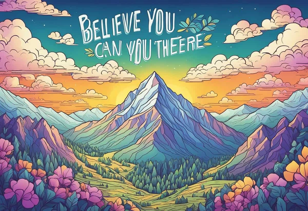Illustration of a vibrant mountain landscape at sunset, with the motivational phrase "believe you can you're there" floating above the scene.