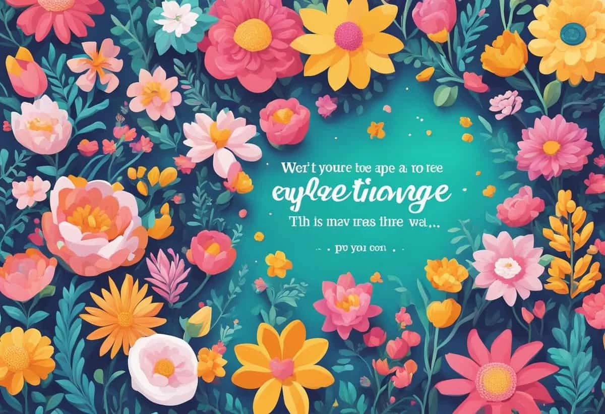 Colorful illustration of various flowers and leaves with overlaid cursive text, creating a vibrant, floral background.