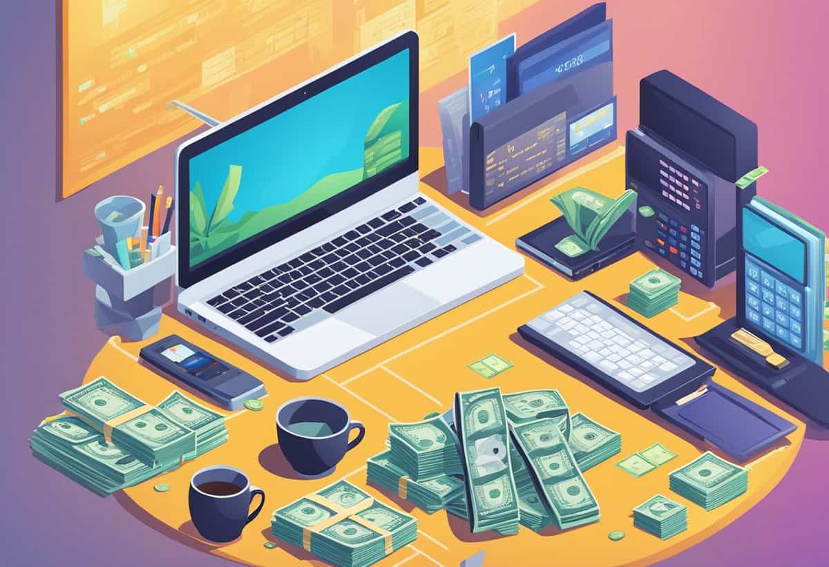 Illustration of a work desk with a laptop, smartphone, calculator, and money on it, reflecting a financial theme in a vibrant color scheme.