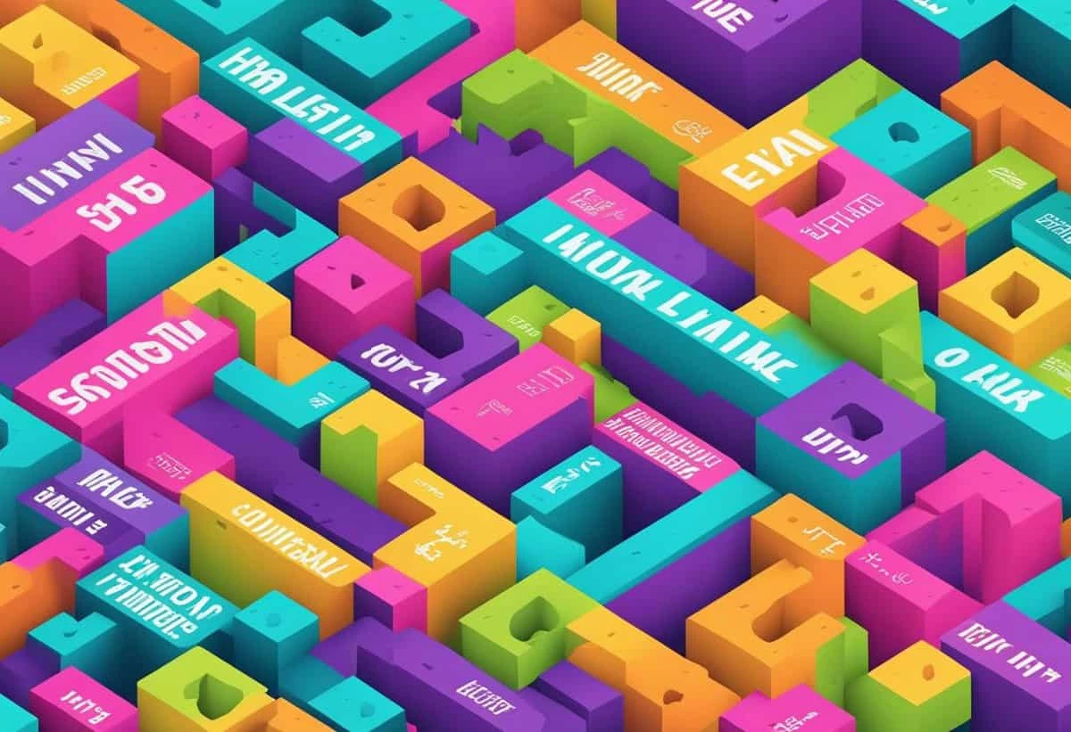 Colorful 3d isometric blocks with various words in different orientations, creating a visually dynamic pattern.