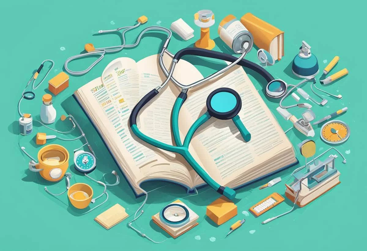 Illustration of a medical study setup with an open textbook, stethoscope, medical supplies, and a cup of coffee on a teal background.