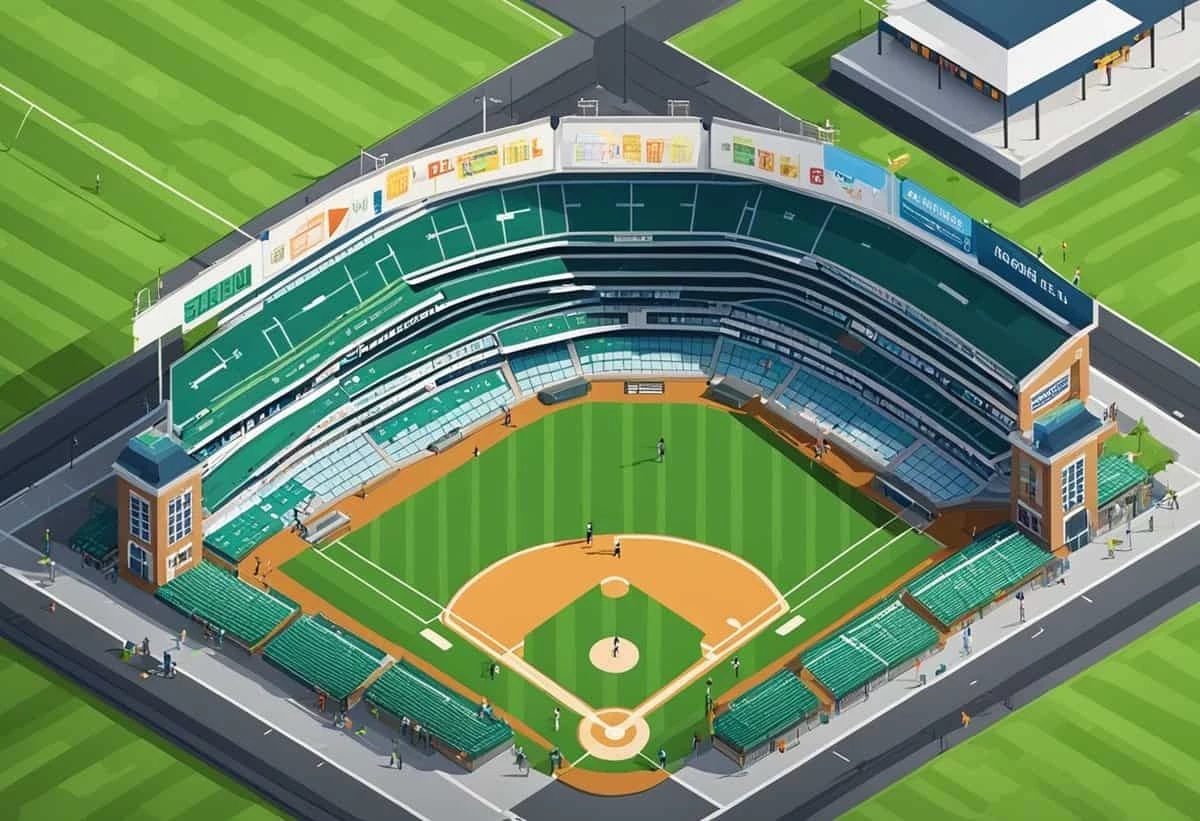 Illustration of an aerial view of a baseball stadium with detailed field, seating, and surrounding infrastructure.
