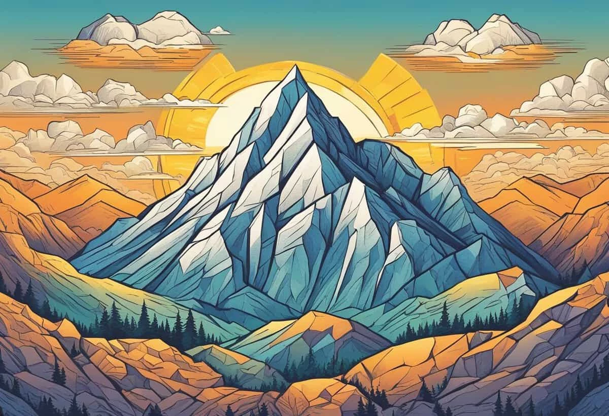 Stylized illustration of a large, geometric mountain peak with a rising sun behind it, surrounded by colorful hills and clouds.