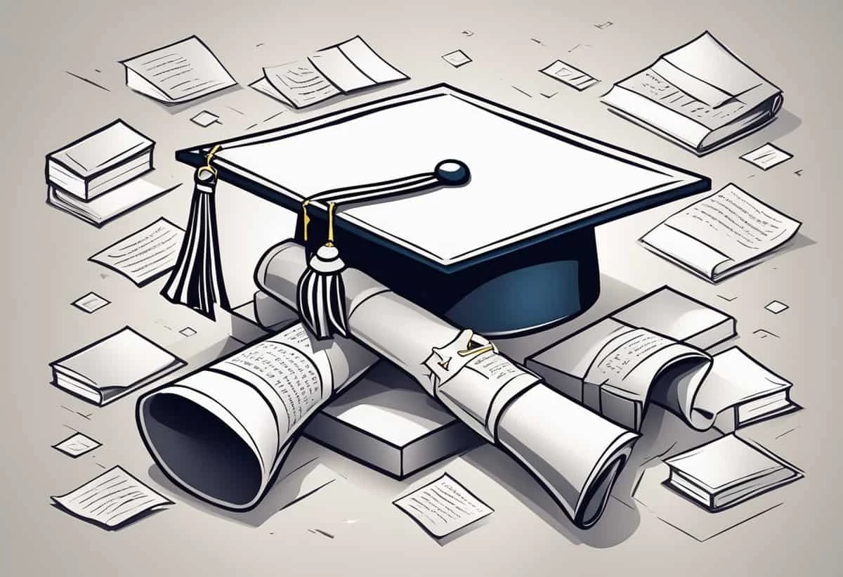 Illustration of a graduation cap and diploma surrounded by scattered books and papers, symbolizing academic achievement.