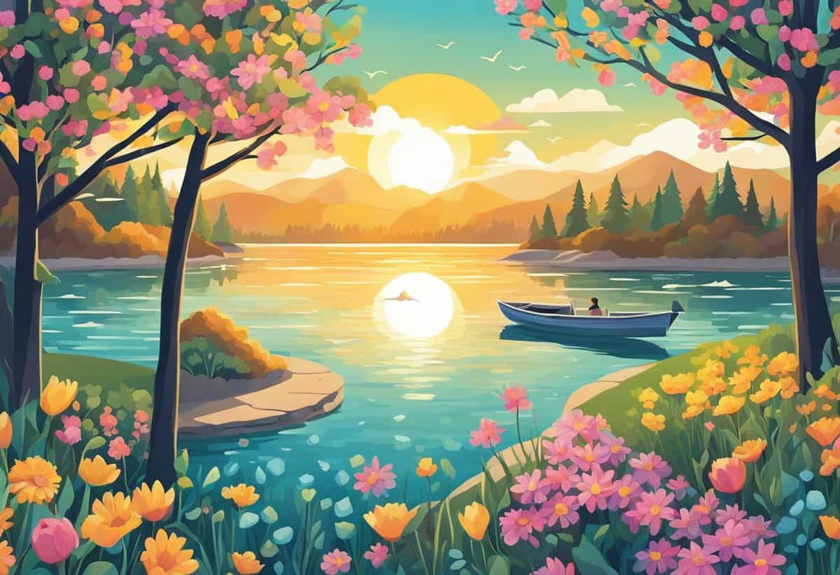 Illustration of two people in a boat on a serene lake at sunset, surrounded by blooming flowers and colorful trees.