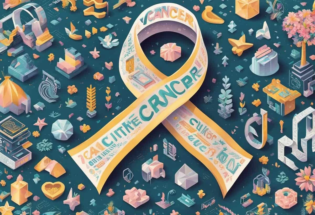 Illustration of a teal cancer awareness ribbon surrounded by various symbols, such as hearts and geometric shapes, on a textured background.